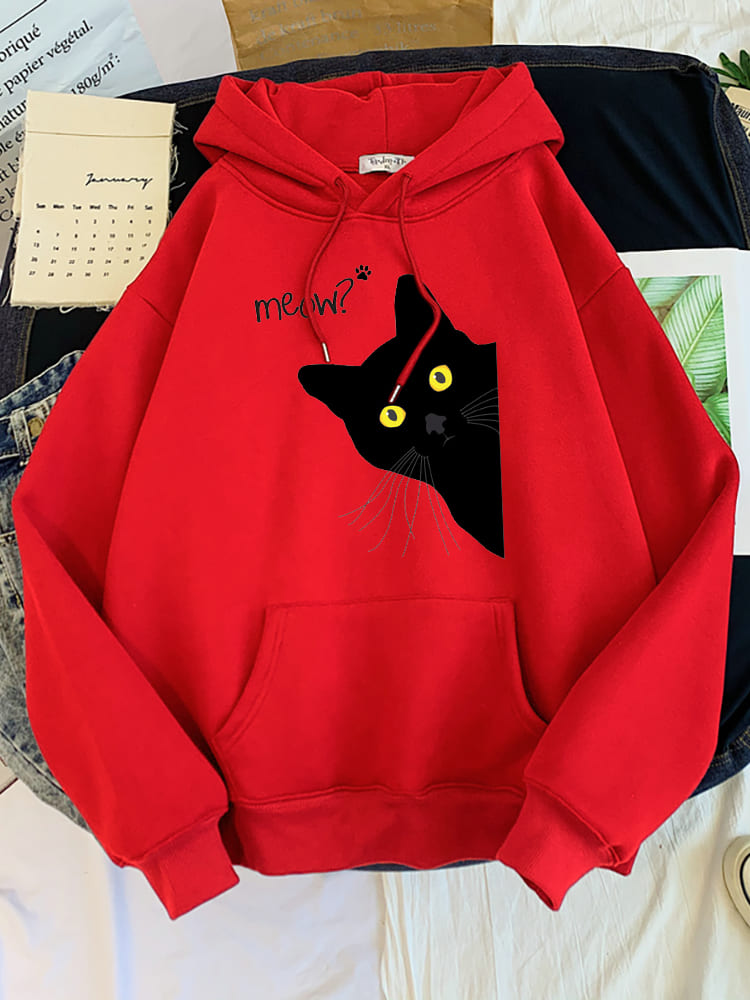 Meow Black Cat Print Hoodie