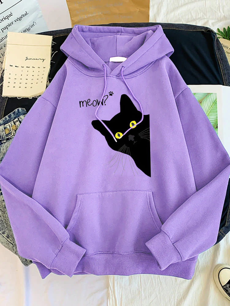 Meow Black Cat Print Hoodie